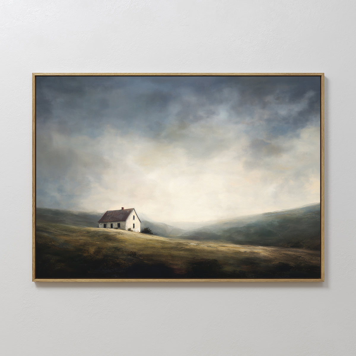 The Highland Solitude Canvas Art - Horizontal features a small white house with a red roof on a grassy hill beneath a dramatic sky, capturing rustic tranquility and peaceful beauty in this moody landscape.