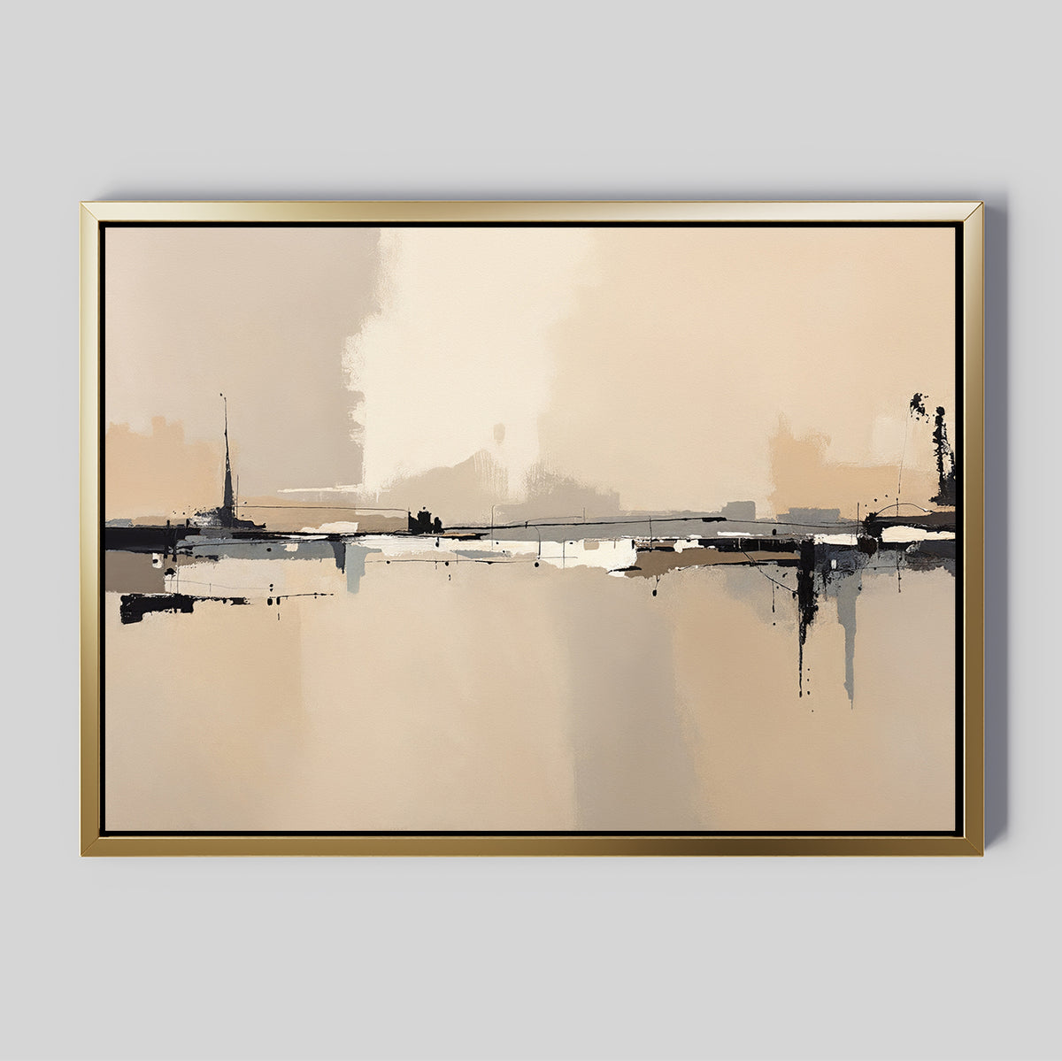 The Industrial Cityscape Canvas Art - Horizontal features minimalist abstract forms in neutral tones, framed in a thin gold-colored frame for modern elegance against a gray background. Perfect as industrial-inspired wall art.