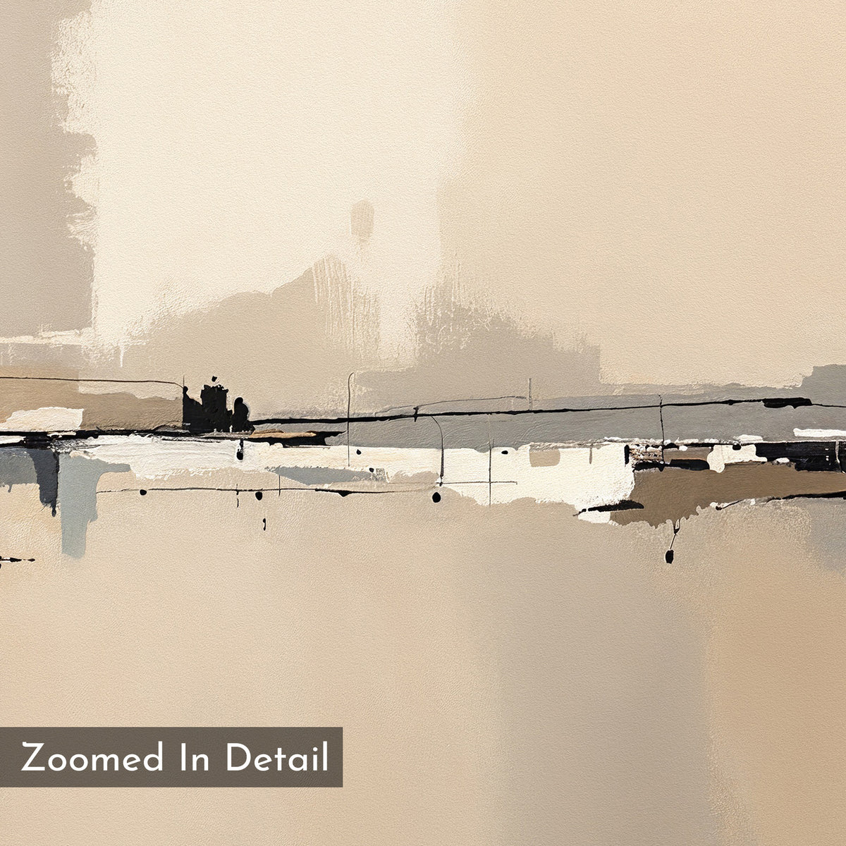 Industrial Cityscape Canvas Art - Horizontal features a minimalist abstract painting in soft beige, cream, and brown with horizontal lines and textured brushstrokes, evoking urban architecture. “Zoomed In Detail” appears in a gray box at the lower left.