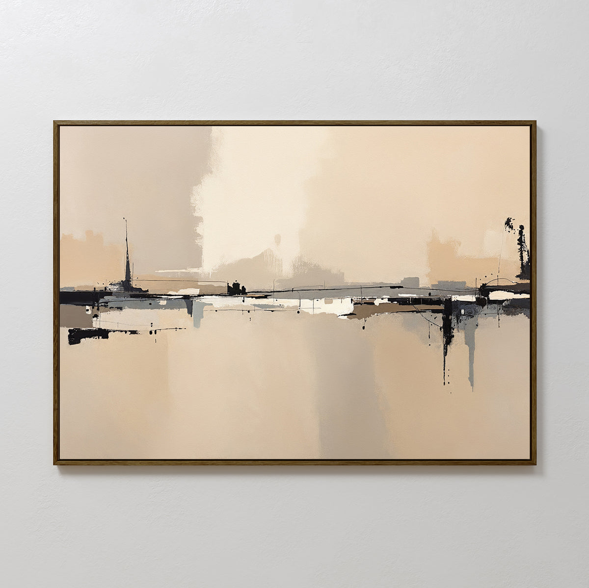 Industrial Cityscape Canvas Art - Horizontal features abstract neutral beige, cream, and black brushstrokes, creating a calm cityscape vibe. Framed and displayed on a light wall, it’s perfect for modern spaces.