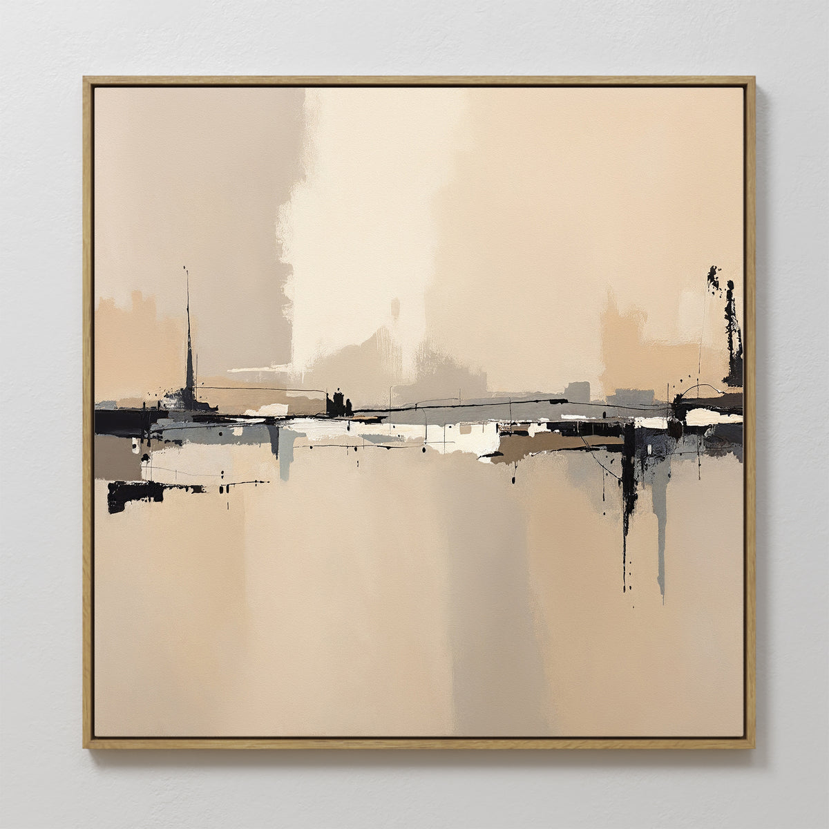 The Industrial Cityscape Canvas Art - Square features neutral beige, cream, and gray tones with bold black-and-white lines in a thin gold frame—ideal modern decor for your living room's white wall.