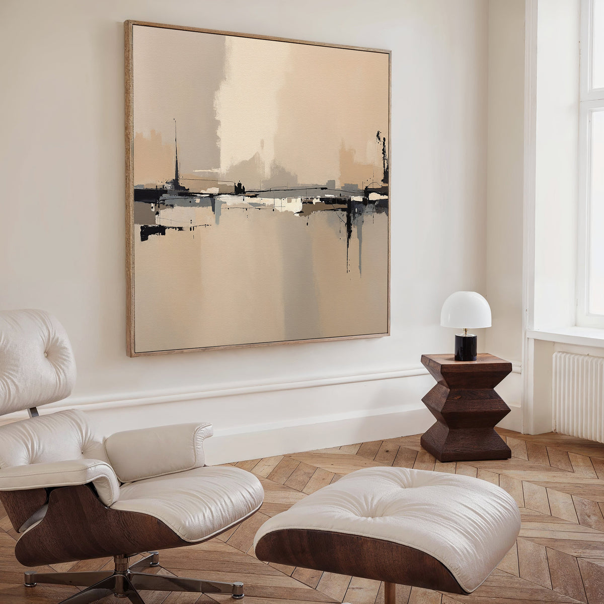 Minimalist living room with a white leather lounge chair and ottoman, modern wooden side table, and Industrial Cityscape Canvas Art - Square. Light from tall windows highlights the modern decor and the striking wall art.