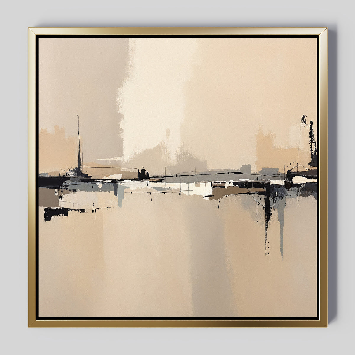 The Industrial Cityscape Canvas Art - Square features abstract wall art in neutral beige, tan, and gray with bold black strokes. Gold framing with a thin black border enhances its modern style—ideal for stylish living room decor.