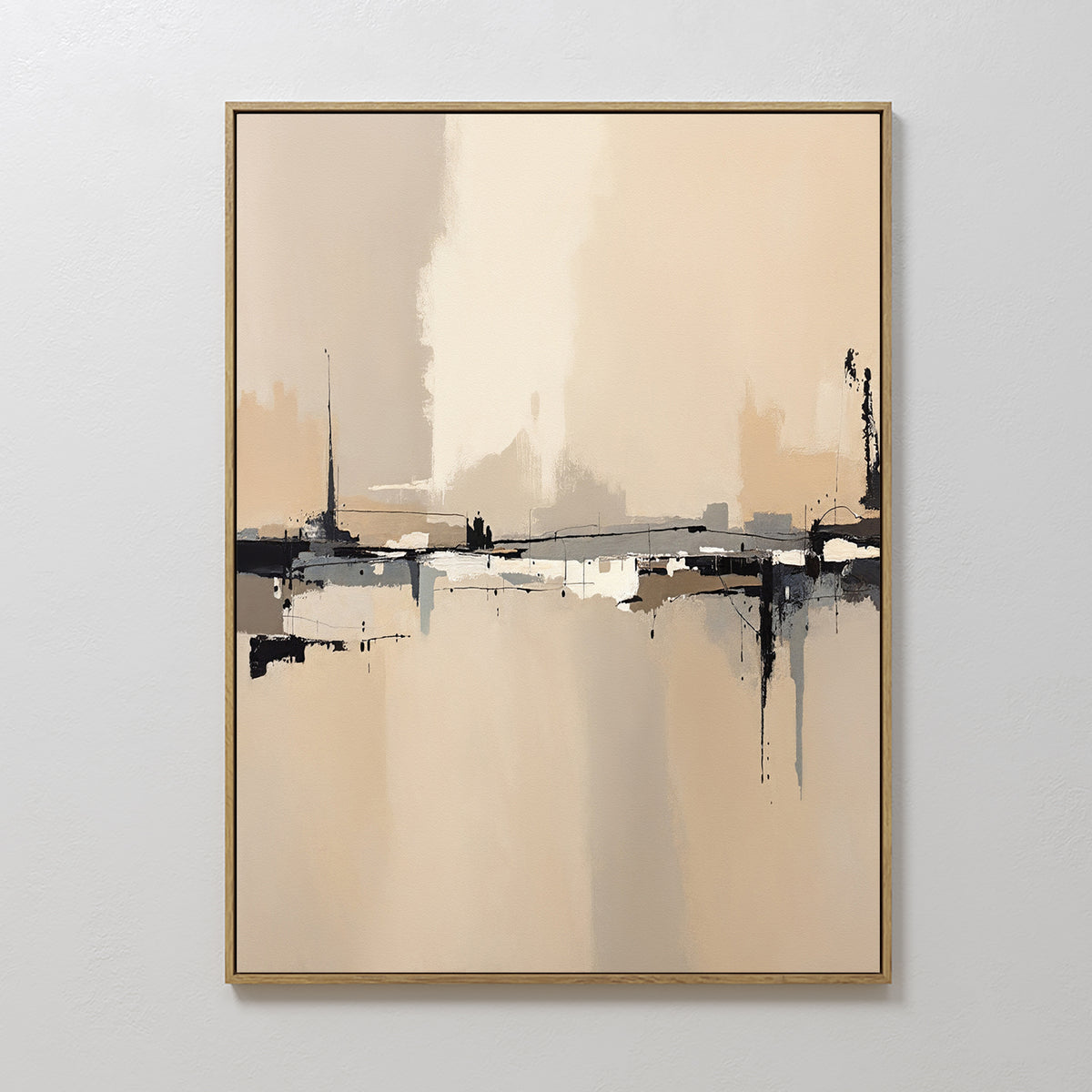 Industrial Cityscape Canvas Art - Vertical features bold beige, cream, and black brushstrokes with soft blended areas in a gold frame. This minimalist wall art is ideal for modern living room decor.