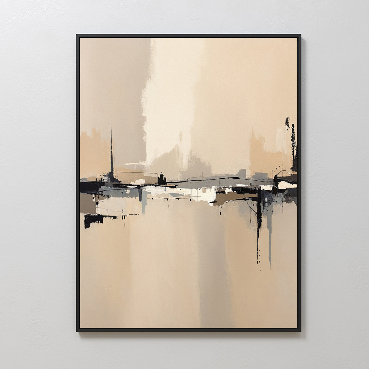 The Industrial Cityscape Canvas Art - Vertical features neutral tones and bold brushstrokes, adding depth and reflection—ideal for modern living rooms. Displayed in a slim black frame on a light wall for a sleek, contemporary look.
