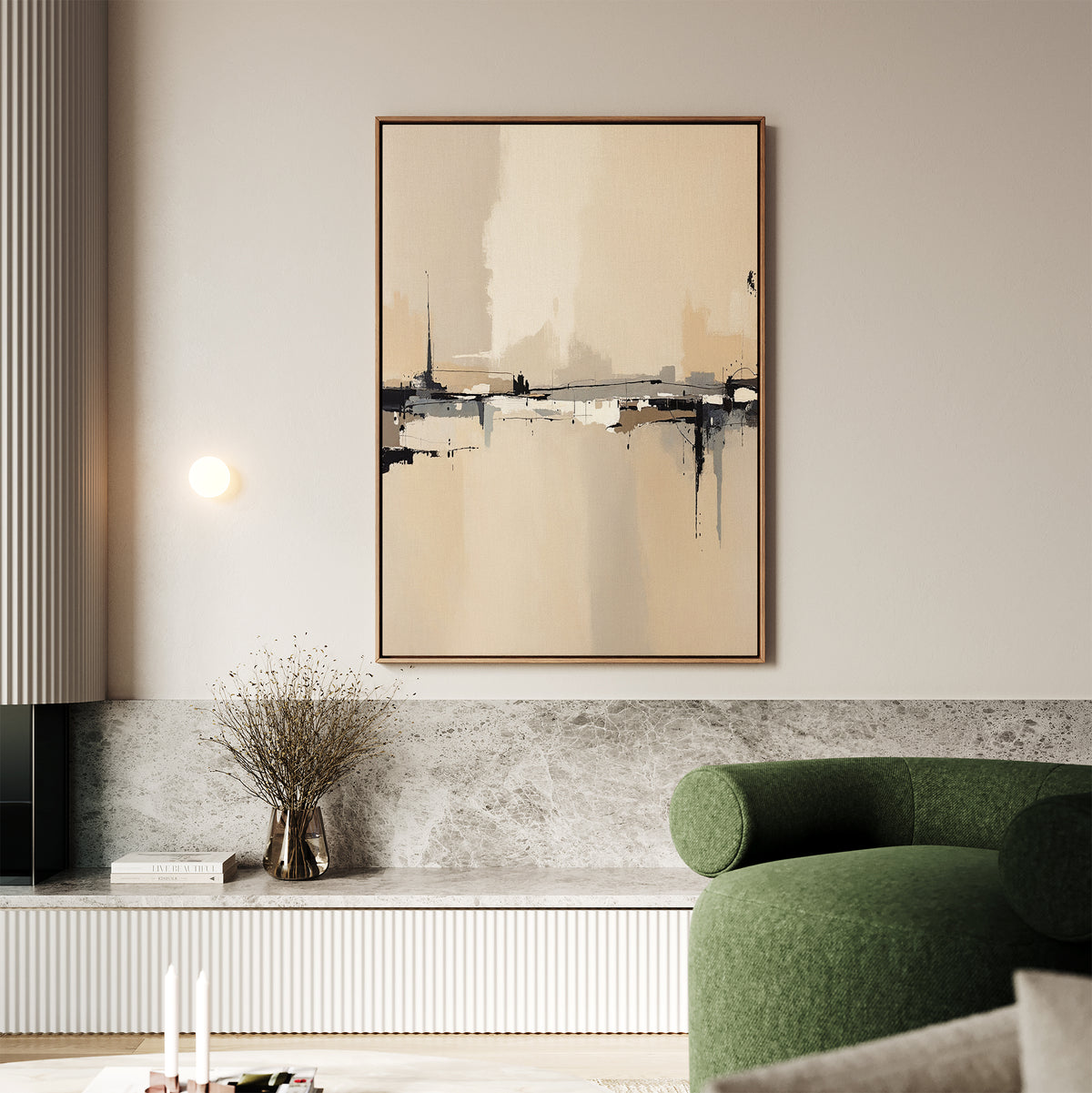 A modern living room features the Industrial Cityscape Canvas Art - Vertical, a round green sofa, stone bench, vase with dried flowers, and soft sconce lighting for a perfect contemporary look.