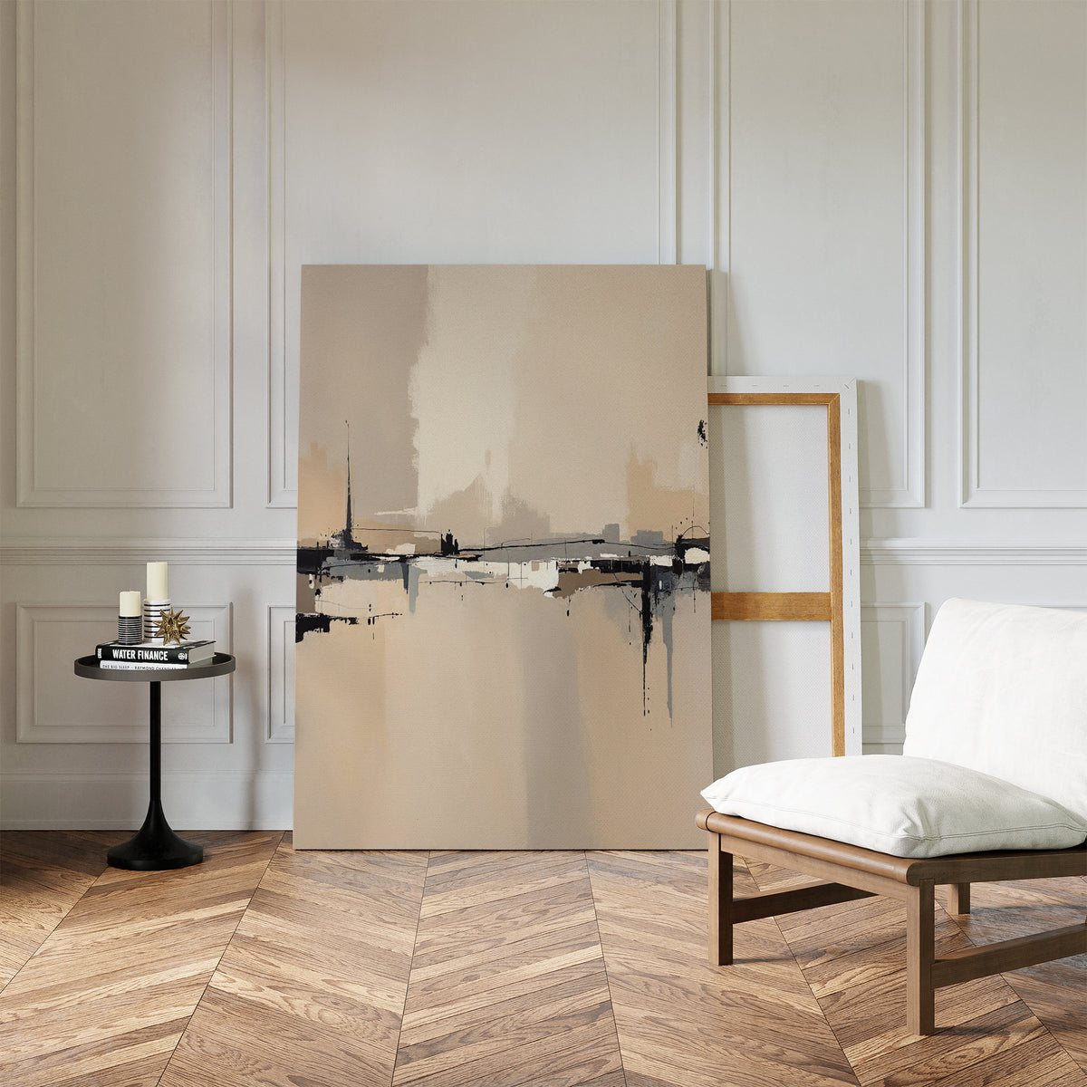 The Industrial Cityscape Canvas Art - Vertical leans against a white paneled wall on a herringbone wood floor, with a cushioned wooden chair and round table nearby for a minimalist, cozy modern living room vibe.