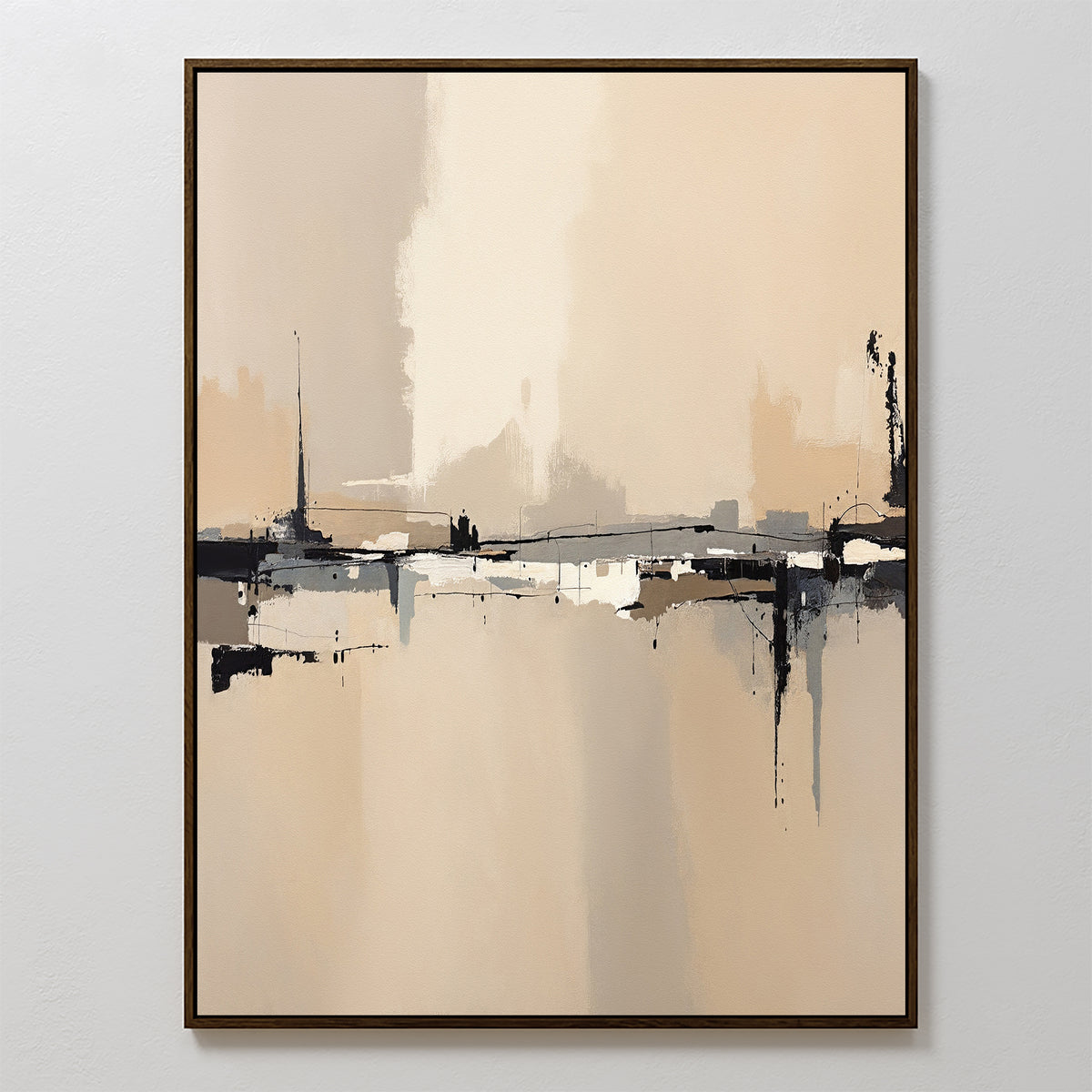 Industrial Cityscape Canvas Art - Vertical features beige, cream, black, and gray tones. Bold brushstrokes add depth and balance, perfect for modern living rooms. Presented in a slim brown frame against a light wall.