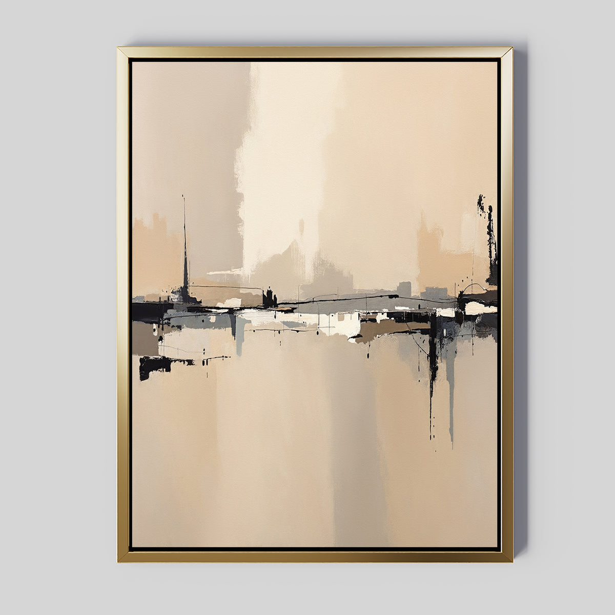 The Industrial Cityscape Canvas Art - Vertical features abstract blurred shapes in beige, cream, black, and grey with a thin gold frame—perfect for adding modern style to any living room.