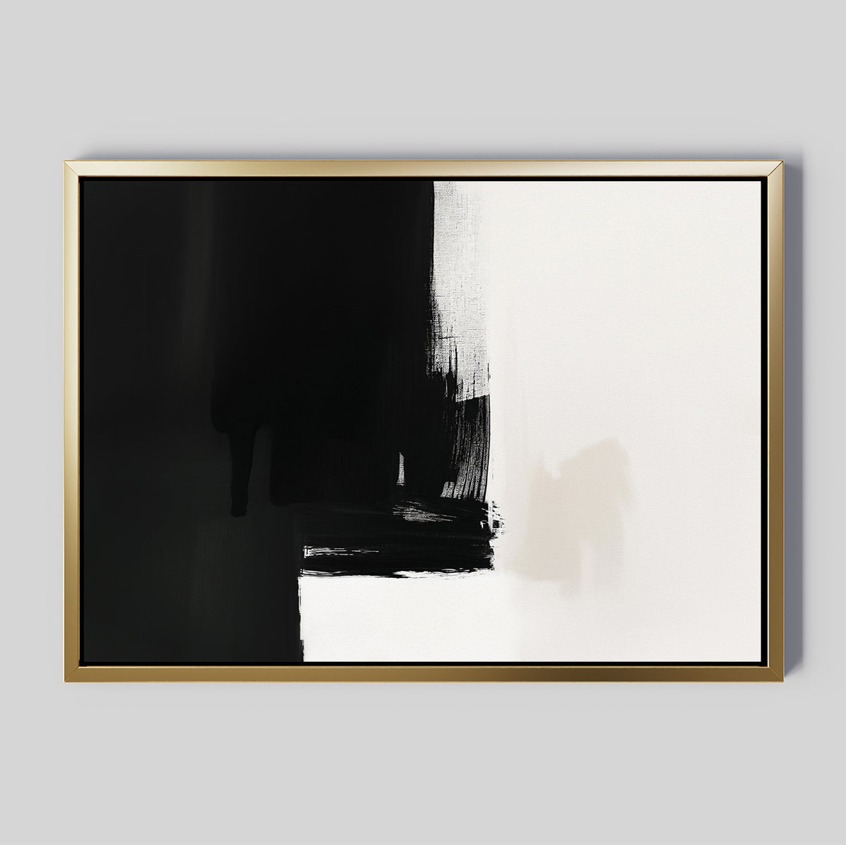 Ink Divide Canvas Art - Horizontal features bold black brushstrokes blending into white on a light gray background, framed in gold. Its minimalistic design adds modern elegance and striking contrast to any space as standout wall art.