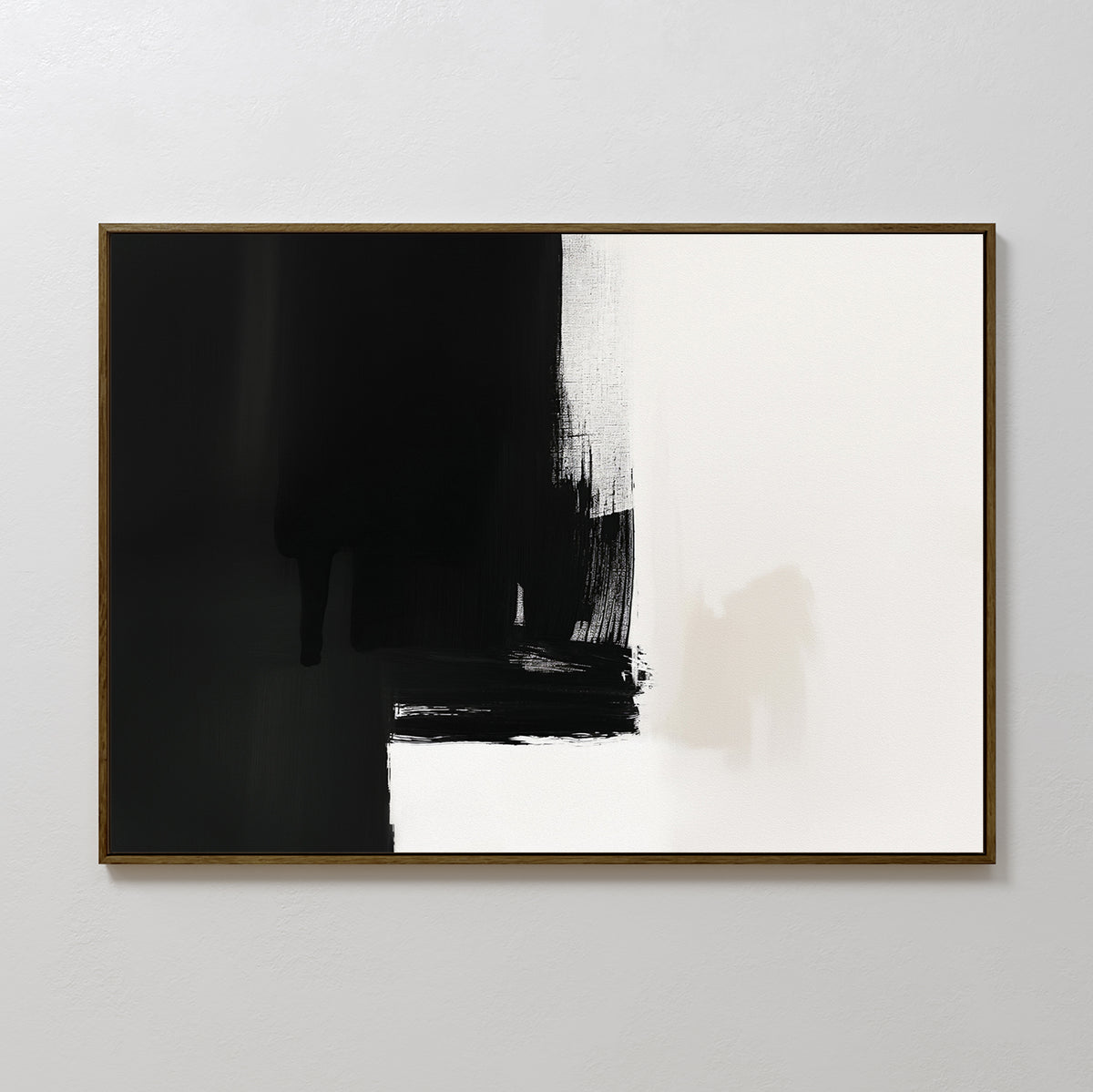 The Ink Divide Canvas Art - Horizontal showcases contemporary wall art with bold black brushstrokes on the left, white on the right, and a textured blend at the center where both colors meet.