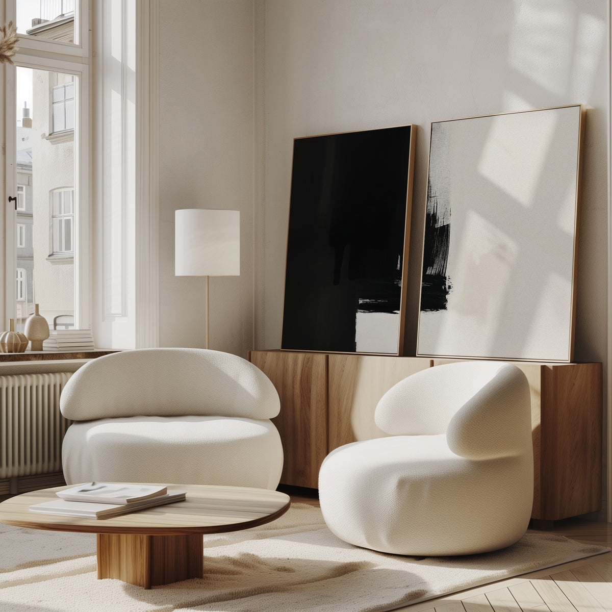 A modern, minimalist living room with two rounded white armchairs, a low wooden coffee table, and the Ink Divide - Set Of 2 contemporary wall art resting on a wooden sideboard near large, sunlit windows.