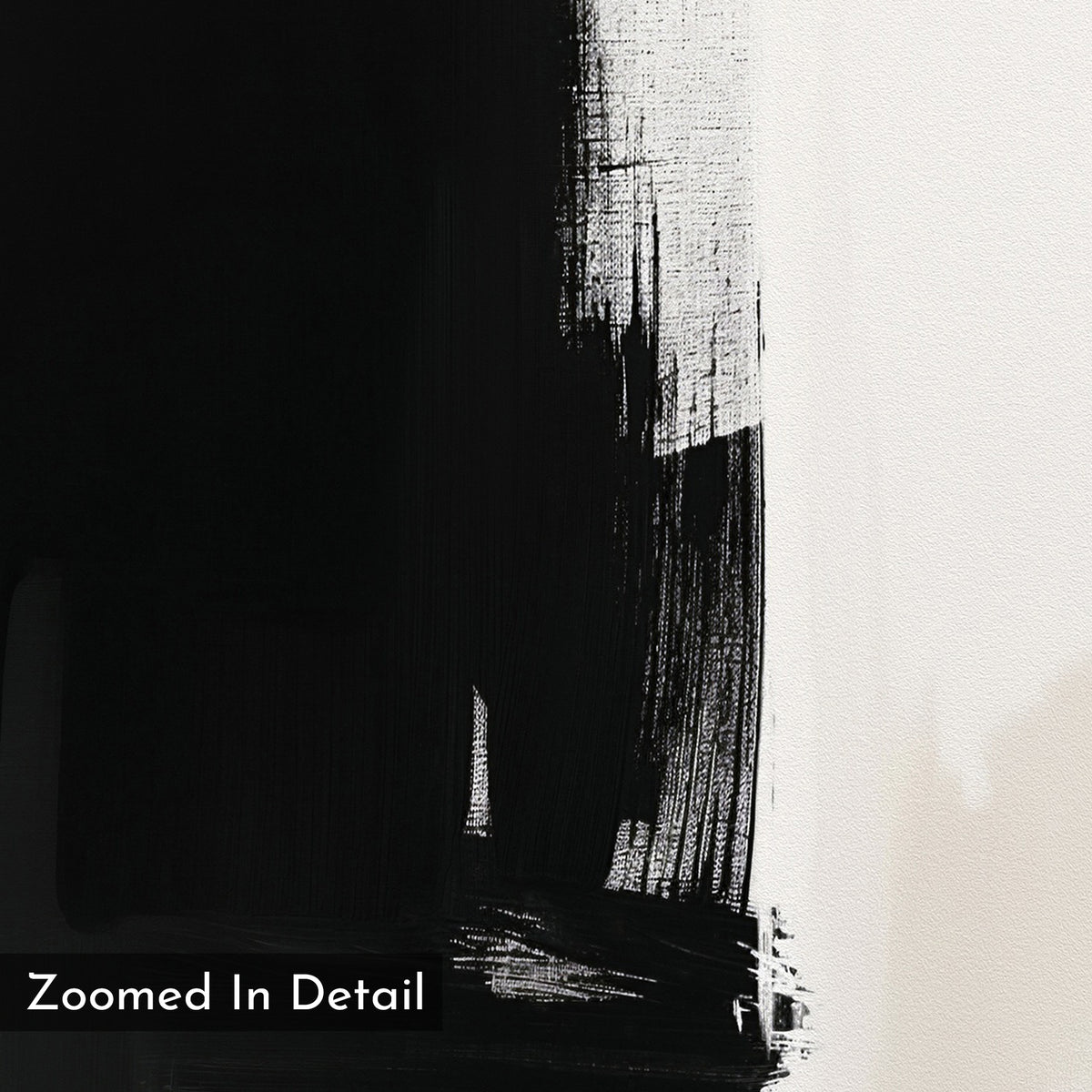 A close-up of the Ink Divide Canvas Art - Square reveals black paintbrush strokes on white canvas with textured bristle details—ideal for minimalist art lovers. “Zoomed In Detail” is shown in the bottom left corner.