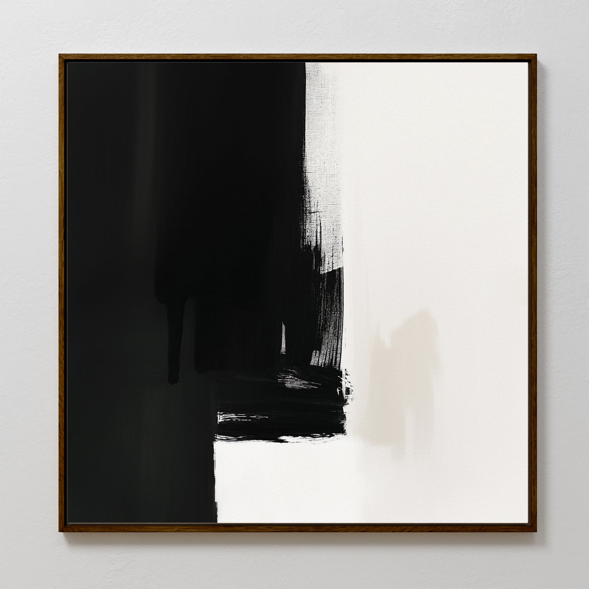 Ink Divide Canvas Art - Square features bold black and white brushstrokes in a minimalist abstract style, creating a striking contrast that adds modern drama to any contemporary wall art collection.