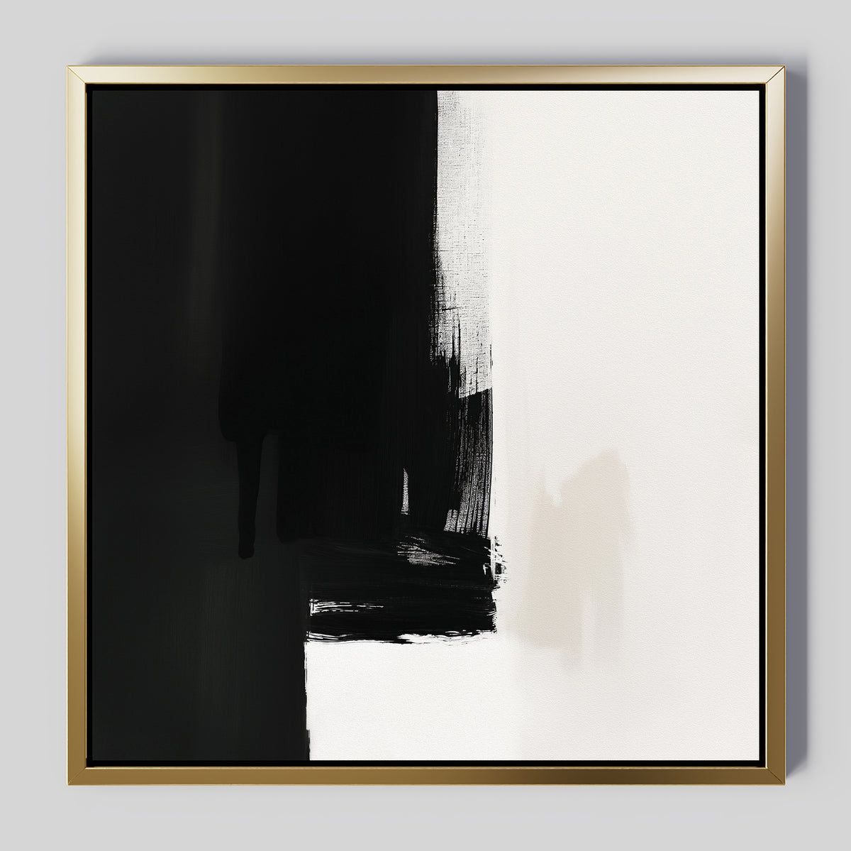 Ink Divide Canvas Art - Square features bold black brushstrokes on the left fading into a white background, set in a slim gold frame—an elegant minimalist wall art piece perfect for modern interiors.
