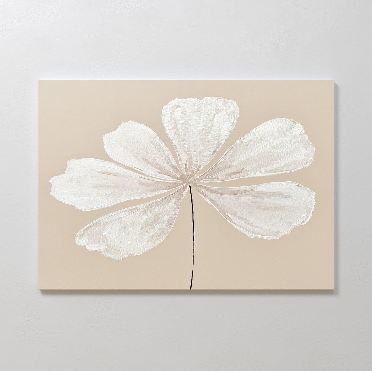 The Ivory Bloom Canvas Art - Horizontal features a single large white six-petal flower on a beige background, making it ideal neutral wall decor for light-colored spaces.