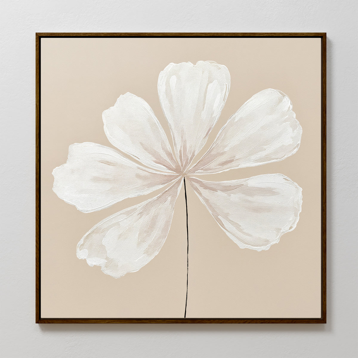 The Ivory Bloom Canvas Art - Square features a minimalist white abstract seven-petal flower with a thin black stem on a light beige background, framed in dark wood—ideal botanical wall art for neutral home decor.