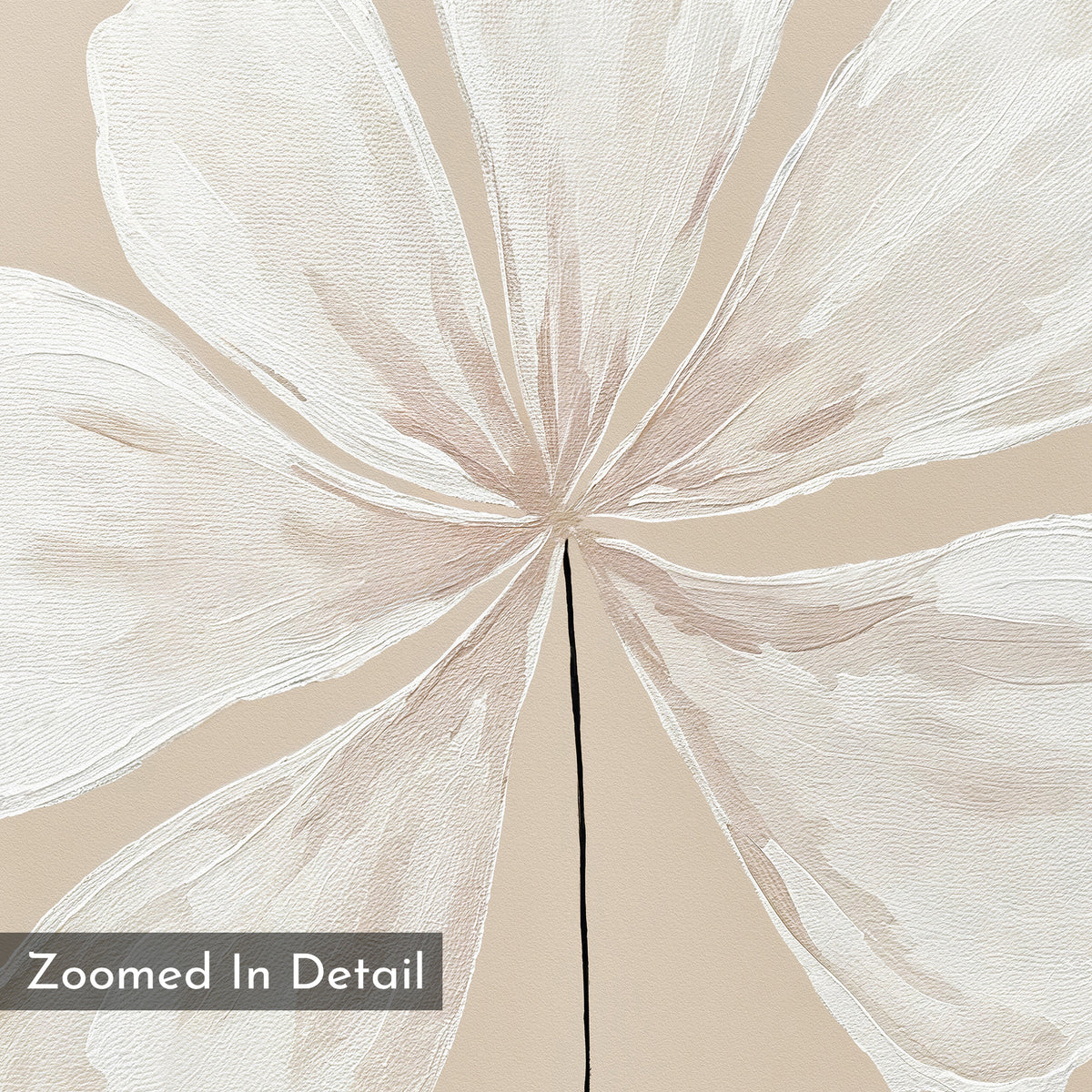 Close-up view of the Ivory Bloom Canvas Art - Vertical, featuring a minimalistic, textured abstract flower with beige and white petals on a neutral background. Ideal as a minimalist canvas print for neutral home decor. Text: Zoomed In Detail.