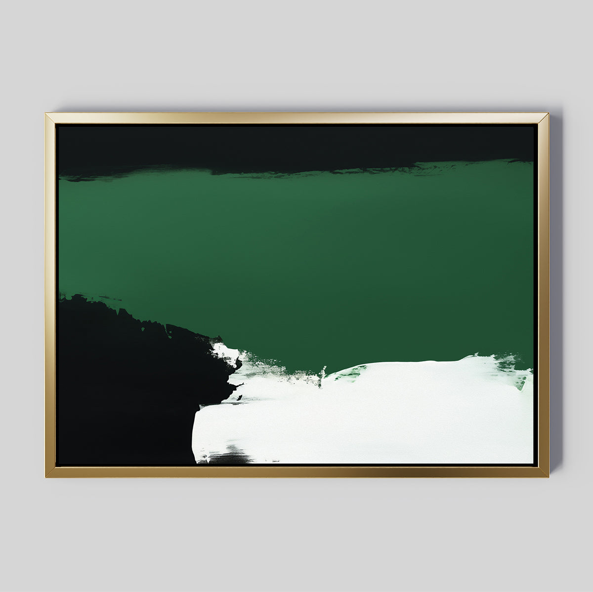 Jade Depths Canvas Art - Horizontal features a gold-framed abstract design with dark green, black, and white brushstrokes on a light gray background. Emerald green dominates the top, blending into calming black and white below.