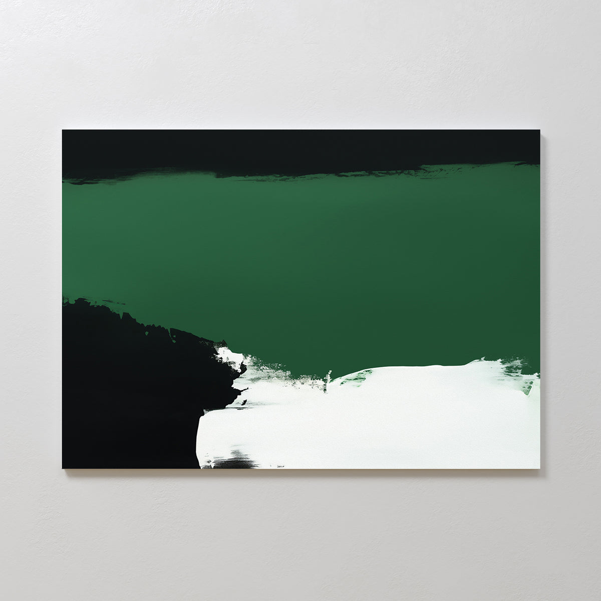 Jade Depths Canvas Art - Horizontal features bold black, dark green, and white brushstrokes on a light background. This modern wall decor uses simple color blocking to add a calming, contemporary touch to any space.