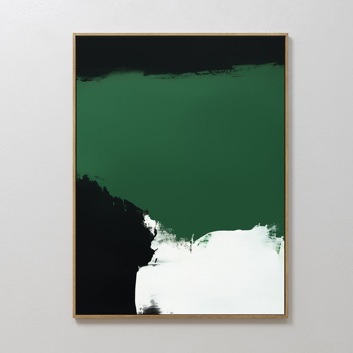 Jade Depths Canvas Art - Vertical features bold swaths of emerald green, black, and white—ideal wall art to elevate your modern living room decor with sweeping motions and striking contrast on a light background.