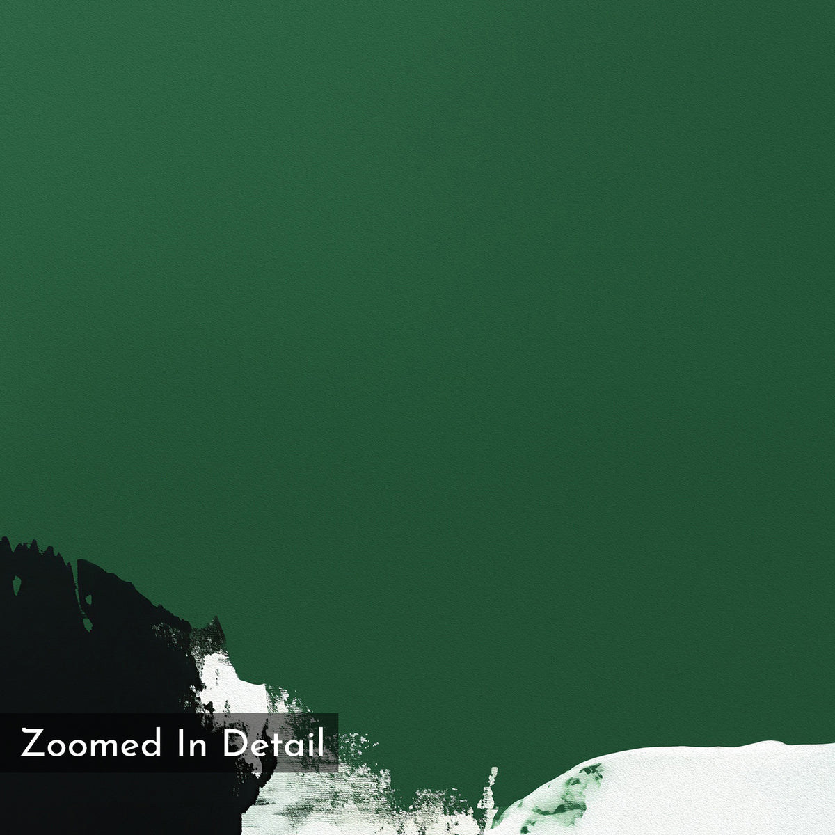 A close-up of the Jade Depths Canvas Art - Vertical reveals an emerald green surface with black and white textured accents at the edges. "Zoomed In Detail" text appears in the lower left—perfect for modern living room decor.
