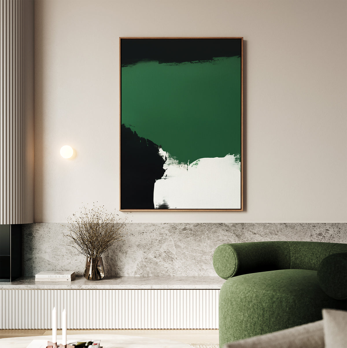 A modern living room showcases the Jade Depths Canvas Art - Vertical above a marble shelf with dried flowers; in the foreground, a green curved chair enhances the stylish decor.