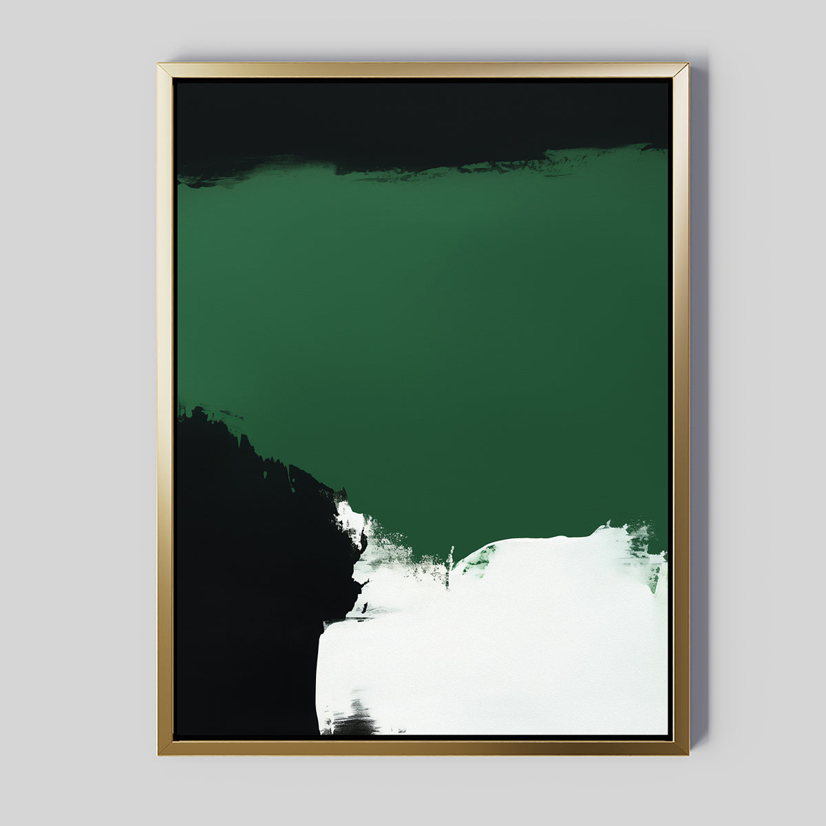 Jade Depths Canvas Art - Vertical: An abstract print with a gold frame, showcasing emerald green, black, and bold white accents—perfect for adding contemporary style to your modern living room decor.