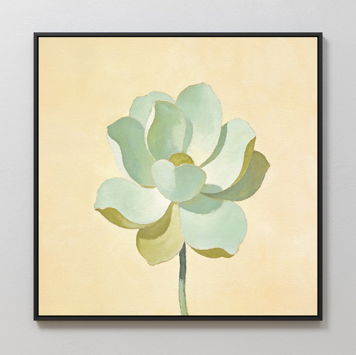 The Jade Reflection Canvas Art - Square features a greenish-white flower with soft petals and a thin stem on a pale beige background, creating elegant minimalist wall decor for any light-colored space.