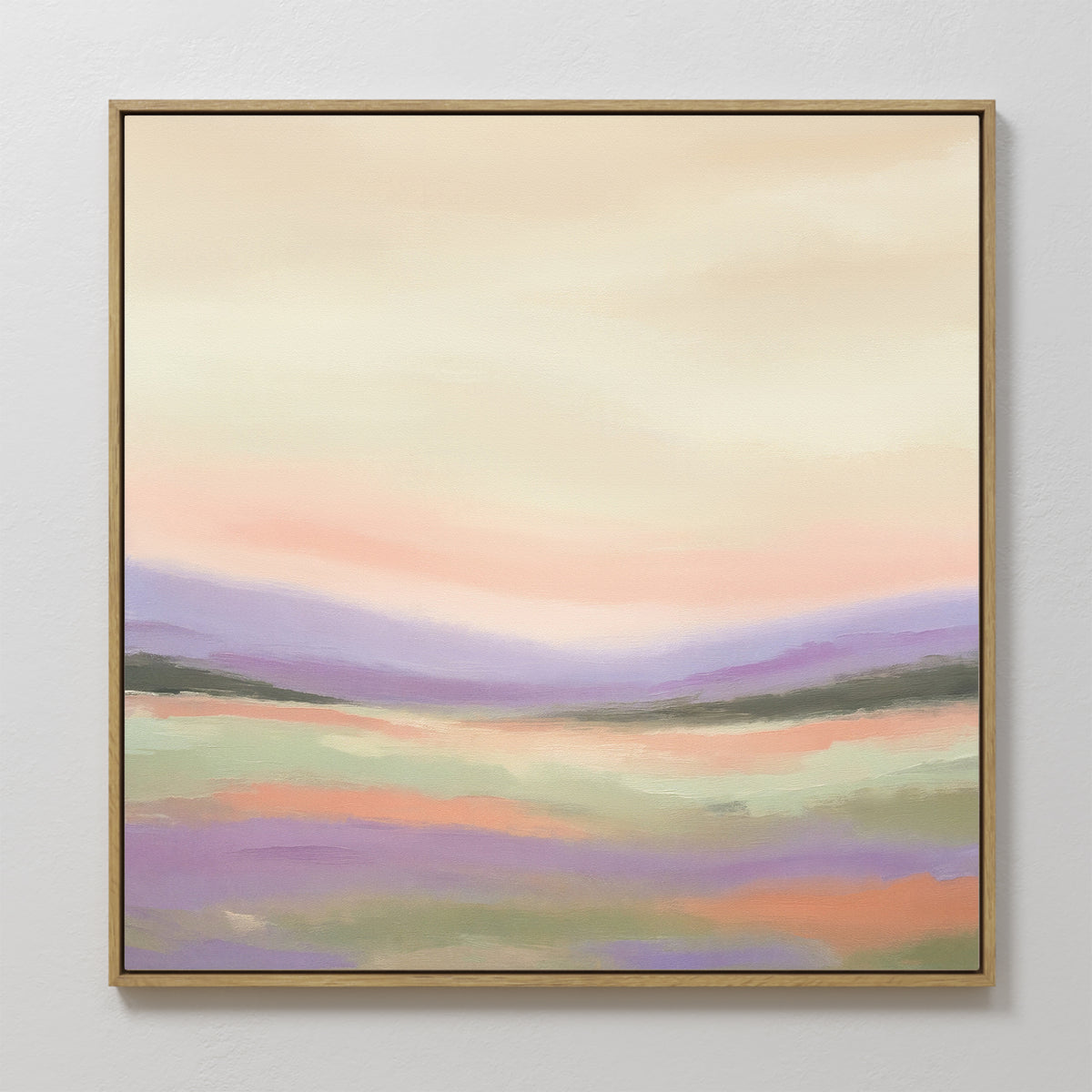 The Lavender Valley Canvas Art - Square features gentle pastel hills beneath a warm sky. This framed print brings an abstract, tranquil, Nordic Park-inspired touch to any space with its serene, dreamy landscape design.
