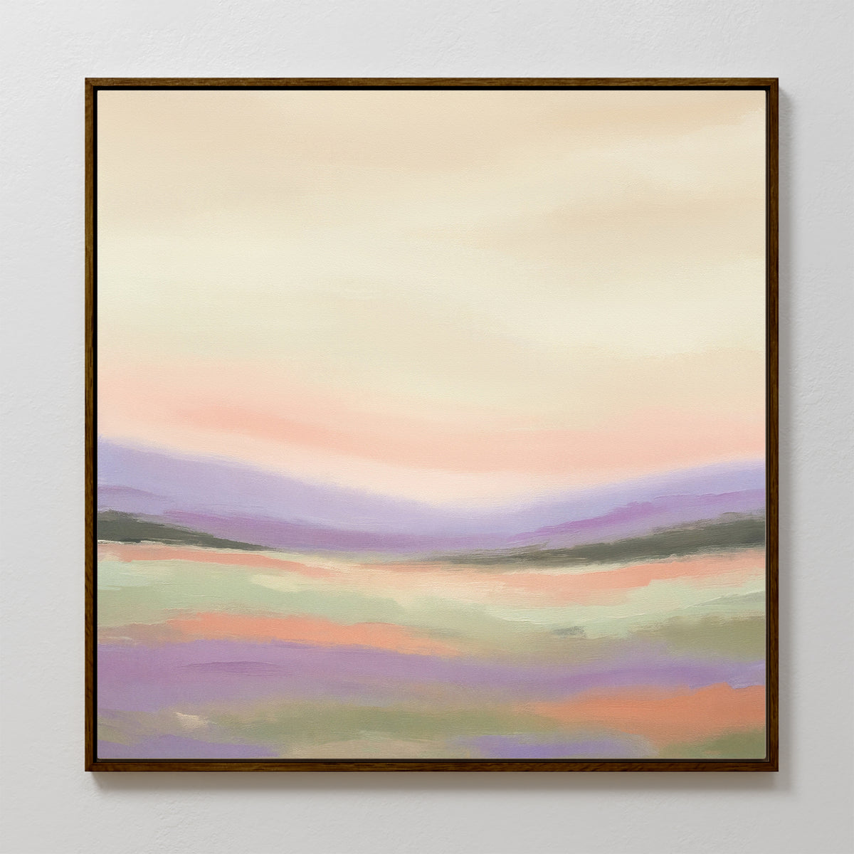 Lavender Valley Canvas Art - Square features a framed abstract landscape in soft pastel shades of purple, pink, peach, and green with gentle brushstrokes—perfect as tranquil and dreamy wall art for any space.