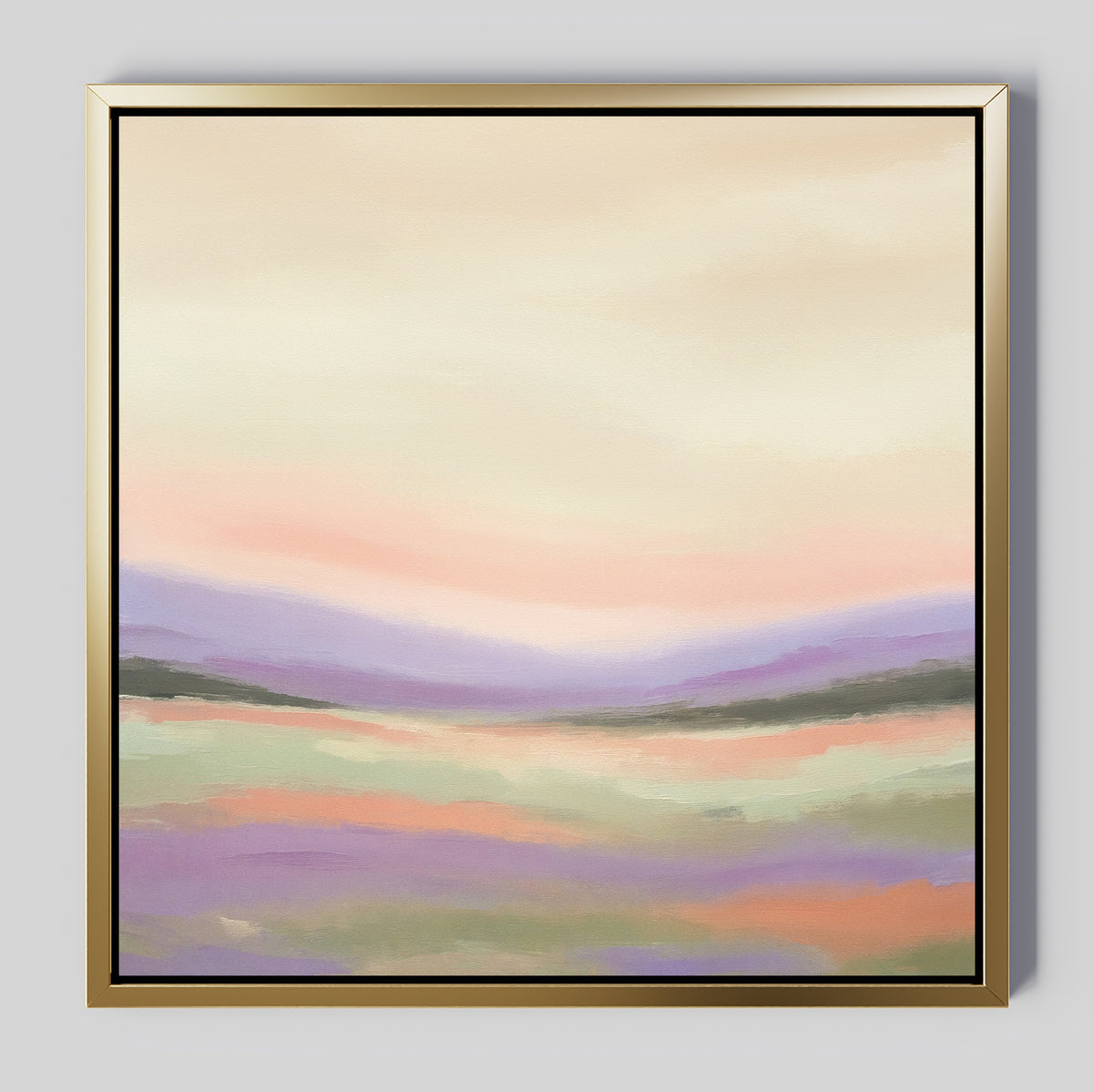 Lavender Valley Canvas Art - Square: a framed painting with soft pastel lavender hills, peach and green accents, and a light, cloudy sky—ideal as serene wall art for any space.