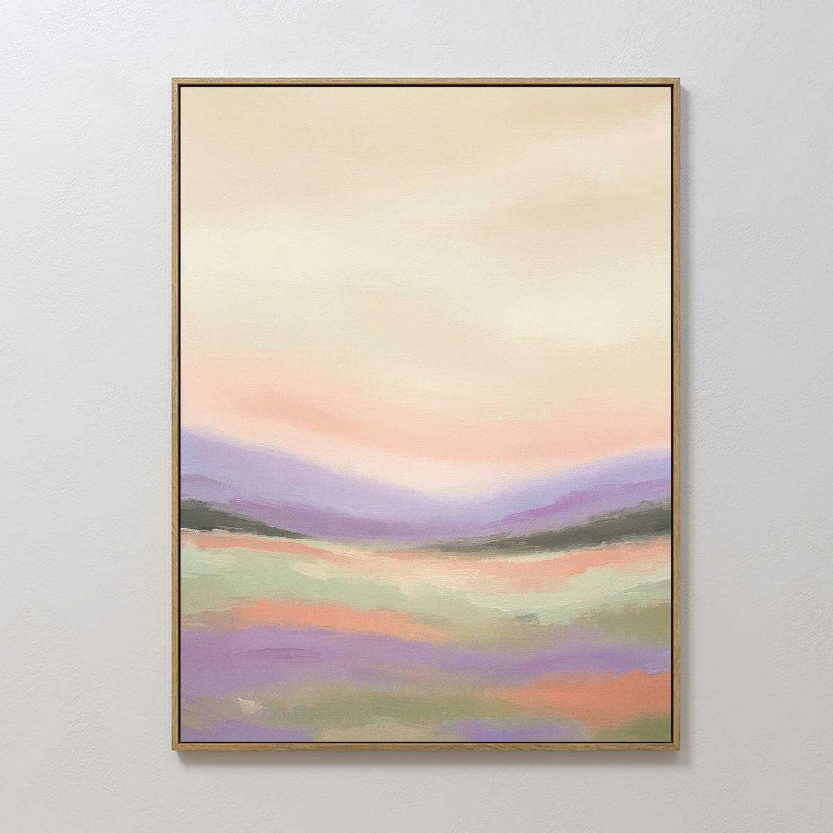 The Lavender Valley Canvas Art - Vertical features soft pastel hues of peach, green, cream, and lavender in a serene landscape of rolling hills and a gentle sky—ideal as tranquil wall art for any room.