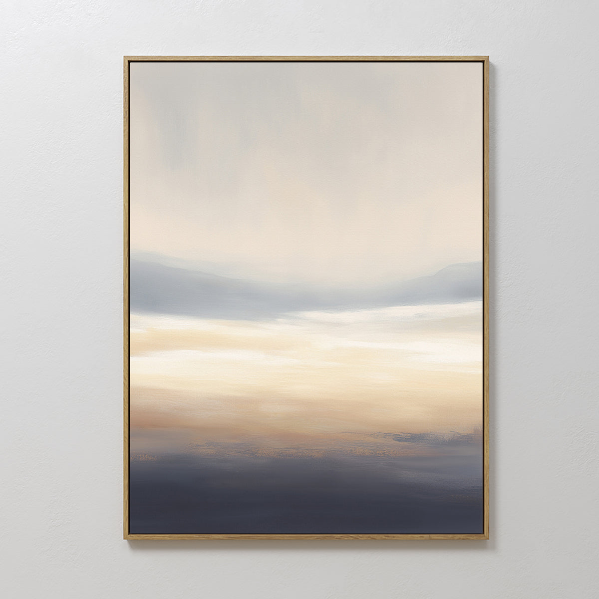 The Layered Dusk Canvas Art - Vertical features soft gradients of beige, cream, blue, and gray that evoke a calm Nordic park scene. This framed abstract print transitions smoothly from a light center to deeper tones at the base.
