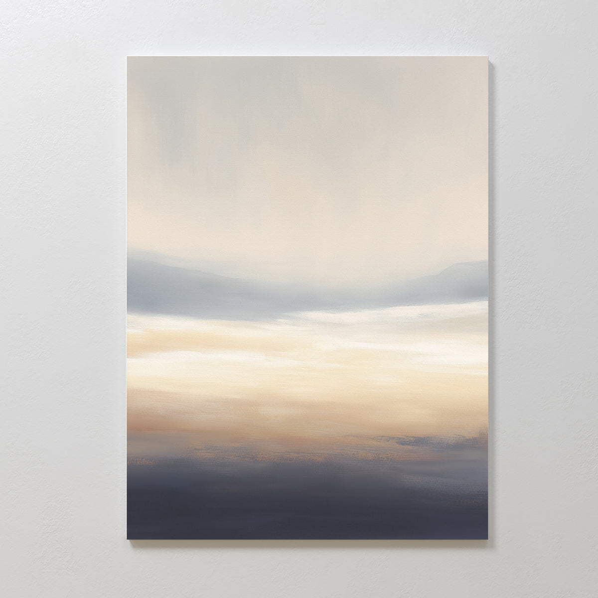 The Layered Dusk Canvas Art - Vertical features minimalist abstract forms in soft beige, white, gray, and dark blue tones, evoking a tranquil landscape. Inspired by Nordic parks, it looks stunning mounted on a light-colored wall.