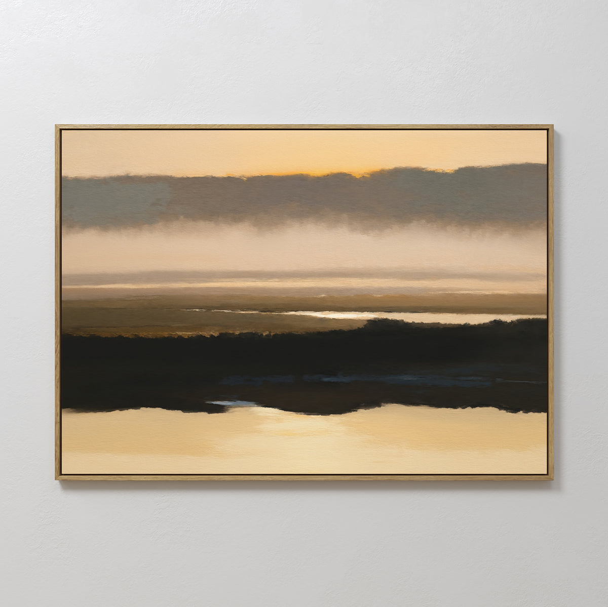 The Layered Valley Dawn Canvas Art - Horizontal features soft, earthy brown, gold, and gray layers that evoke a tranquil sunrise over water—ideal for adding calm, serene style to your wall decor.