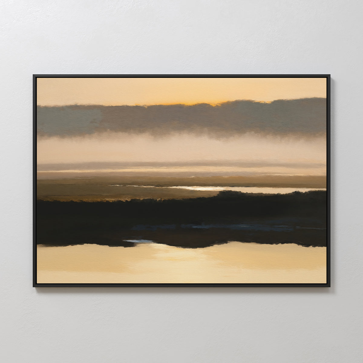 Layered Valley Dawn Canvas Art - Horizontal features a serene sunset with golden, brown, and gray tones, calm reflective water, and soft clouds—ideal wall art for tranquil decor.