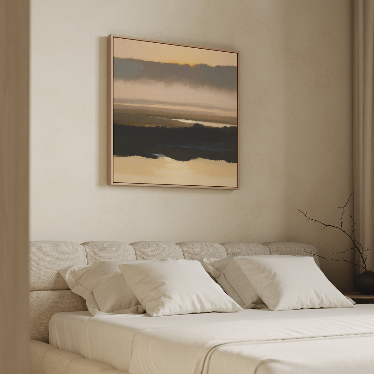 A minimalist bedroom features a beige bed, white bedding, neutral walls, and a bare branch in a vase. Above the bed hangs the Layered Valley Dawn Canvas Art - Square, its warm earth tones adding tranquility as soft natural light fills the space.