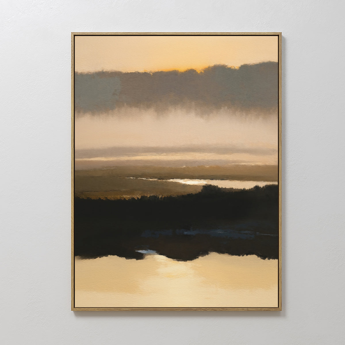 The Layered Valley Dawn Canvas Art - Vertical features a peaceful sunrise with golden skies, soft clouds, and reflective water bordered by dark valleys—an ideal tranquil wall art piece for any space.