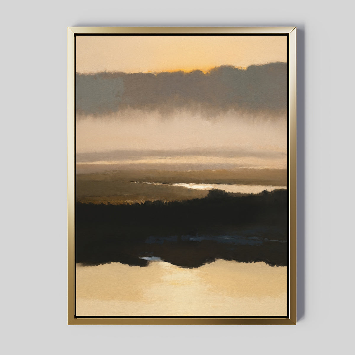 The Layered Valley Dawn Canvas Art - Vertical features a serene sunset landscape with golden light, misty clouds, and reflections over calm water. Framed in gold with a thin black border, it’s elegant, tranquil wall decor.