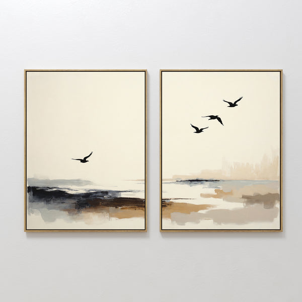 Maritime Flight - Set Of 2: Minimalist prints of bird silhouettes soaring over abstract neutral landscapes, softly blended for a serene atmosphere—ideal coastal or nautical wall art to bring tranquility to your space.