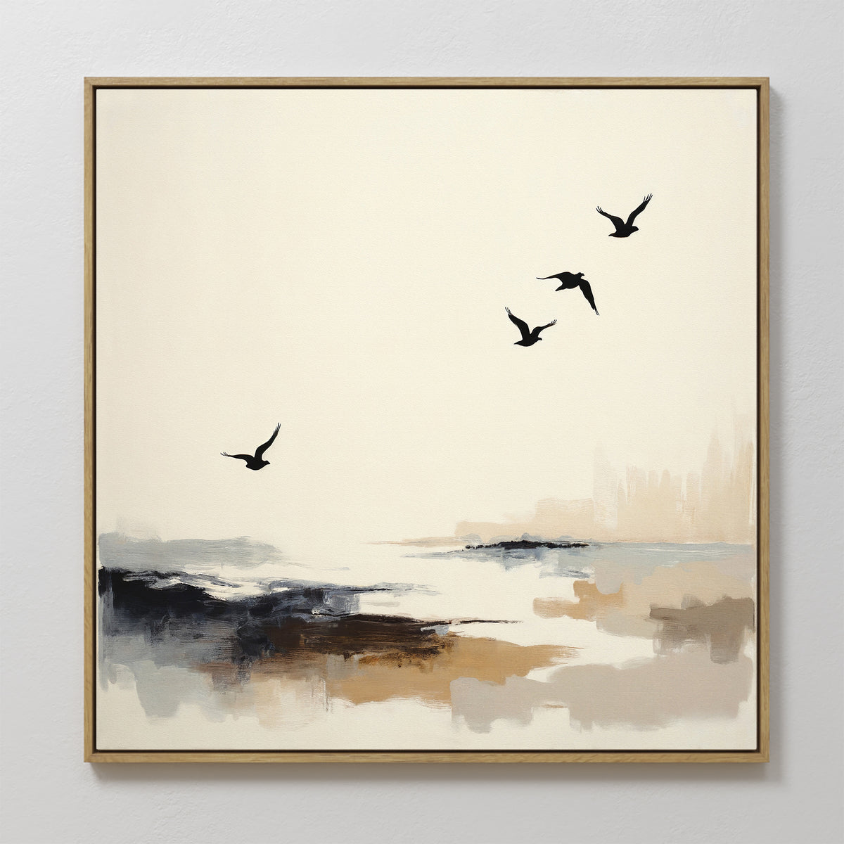 The Maritime Flight Canvas Art - Square features four black birds soaring above a misty, earthy-toned landscape, creating a serene seascape print ideal for complementing coastal wall art and nautical decor.