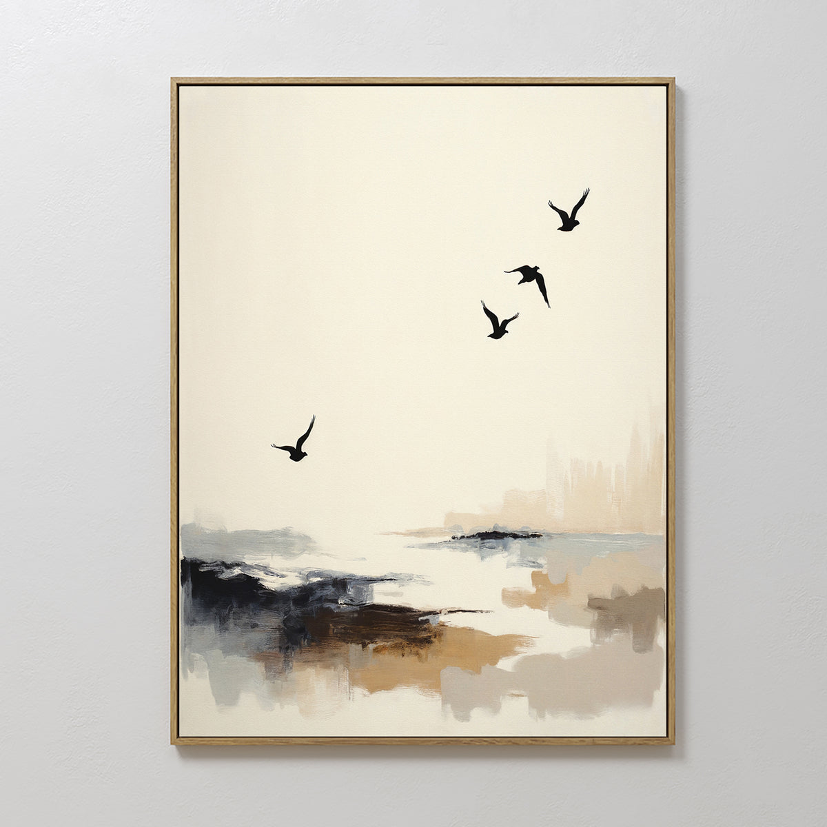 The Maritime Flight Canvas Art - Vertical features four black birds soaring over a neutral abstract landscape, elegantly framed in thin gold—an ideal piece for coastal decor or nautical-inspired wall art.