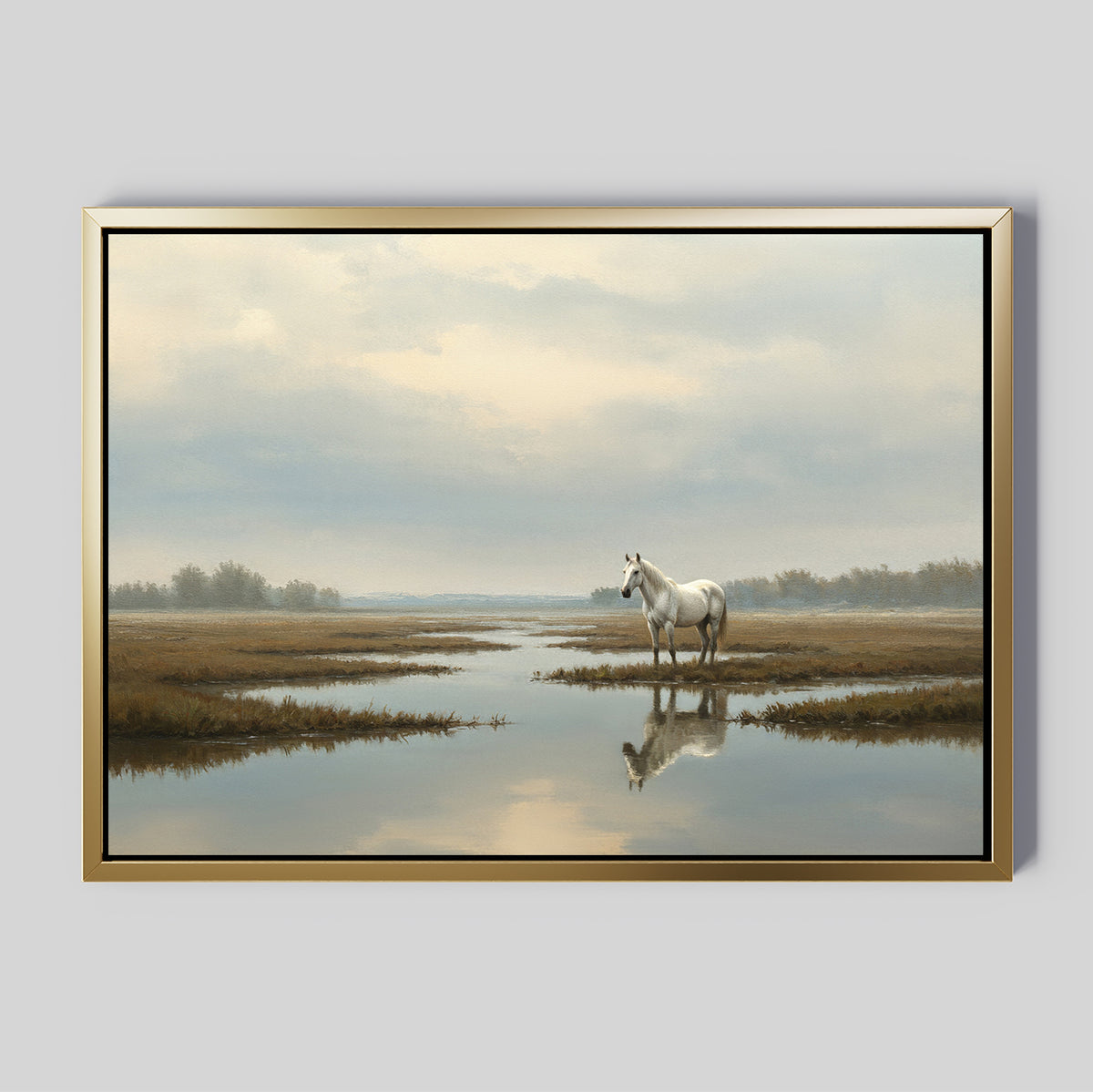 The Marsh Reflection Canvas Art - Horizontal shows a tranquil white horse in a marsh, its image mirrored in still water beneath a cloudy sky, with distant trees capturing the calm beauty of a Nordic park.
