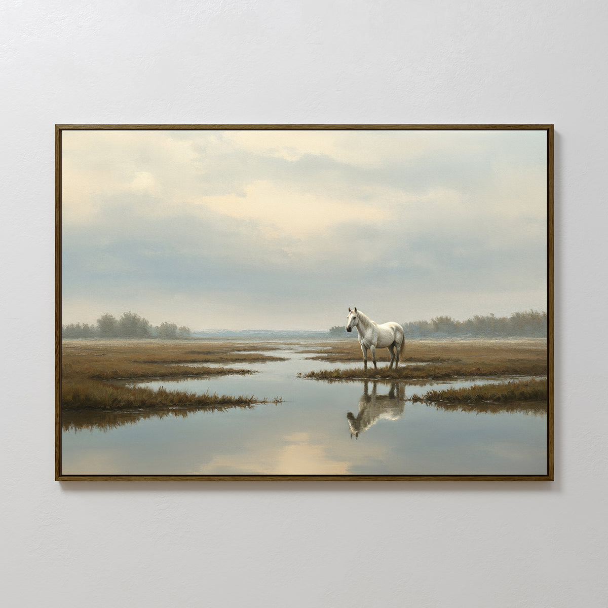 The Marsh Reflection Canvas Art - Horizontal features a tranquil white horse standing in a shallow marsh, its reflection shimmering under a cloudy sky with distant trees, evoking the peaceful ambiance of a Nordic Park landscape.