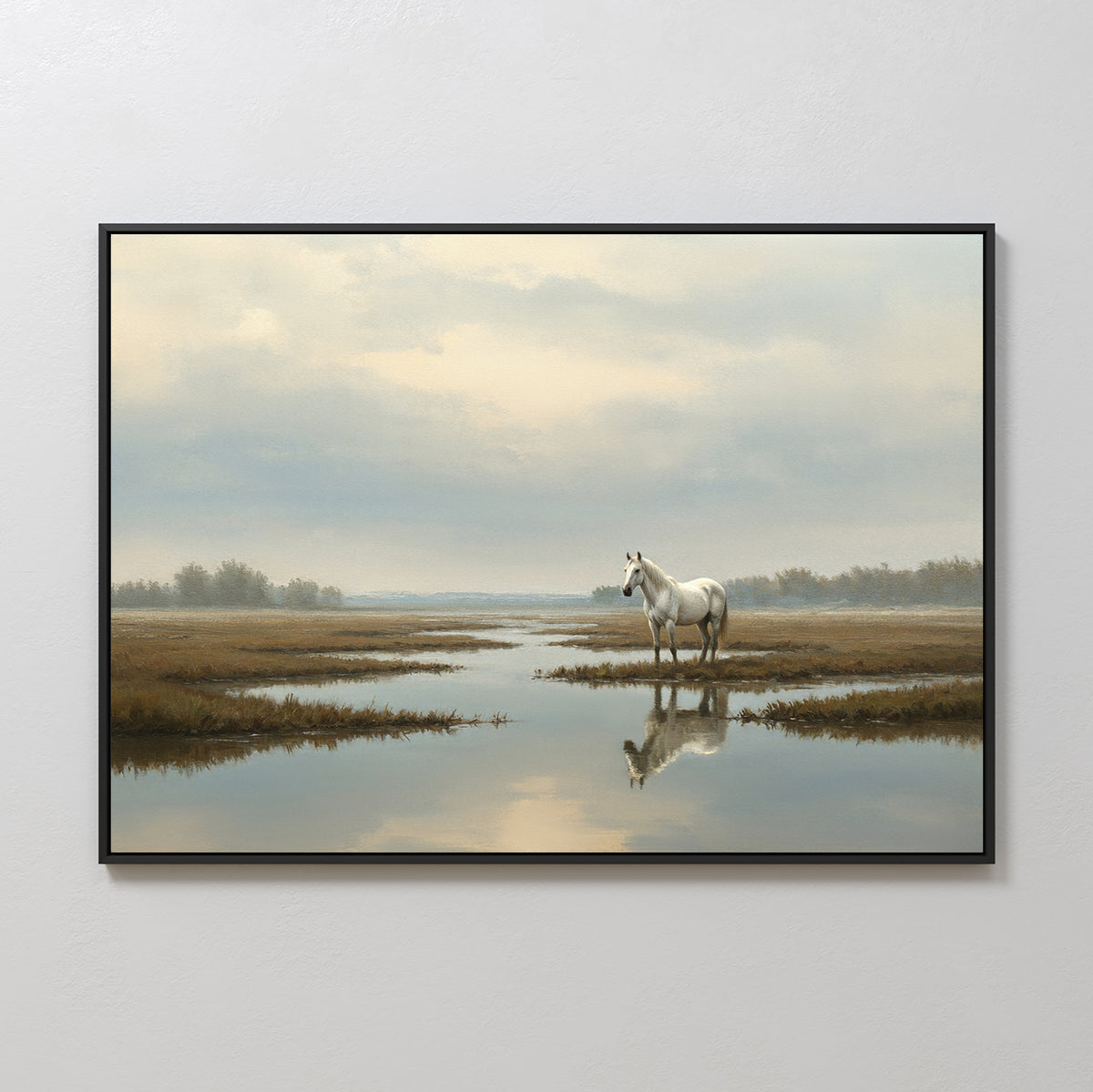 The Marsh Reflection Canvas Art - Horizontal displays a serene white horse standing in a Nordic marsh, its reflection mirrored in still water beneath a cloudy sky with distant trees and soft, muted tones.