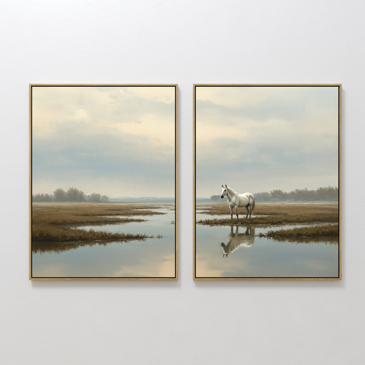 The "Marsh Reflection - Set Of 2" features framed prints of serene marsh landscapes; one artwork highlights a white horse standing in shallow water, its reflection visible beneath a cloudy sky.
