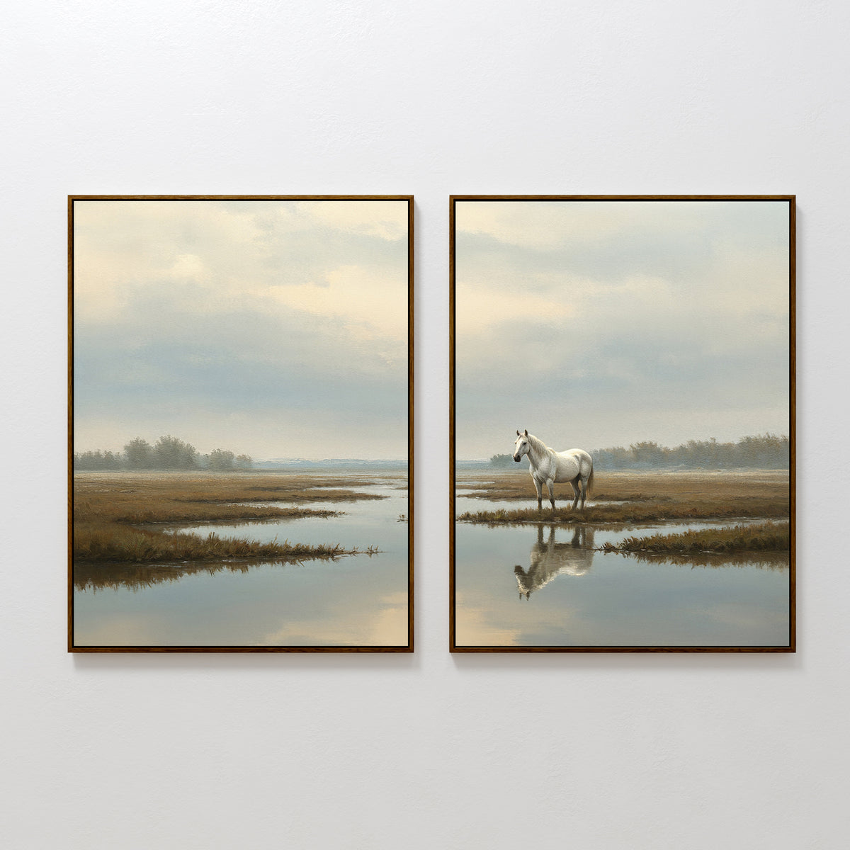The Marsh Reflection - Set Of 2 features serene landscape prints with calm water, grassy marshland, and a cloudy sky; the right print displays a white horse near the water with its reflection—ideal for Nordic Park-inspired decor.