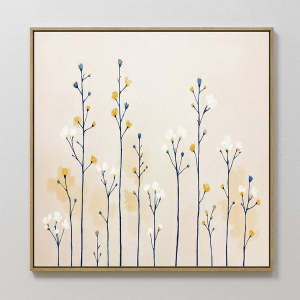 The Meadow Symphony Canvas Art - Square features a minimalist botanical design of tall, delicate floral stems with white, yellow, and blue blossoms set against a soft beige background, bringing serene wildflower charm to your space.