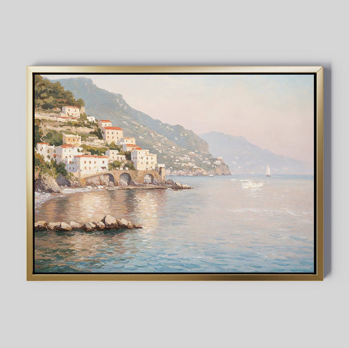Bring serenity to your space with the "Mediterranean Dreams Canvas Art - Horizontal," featuring a peaceful coastal village, hillside houses, arched bridges, distant mountains, and a sailboat—perfect wall art for tranquil home decor.
